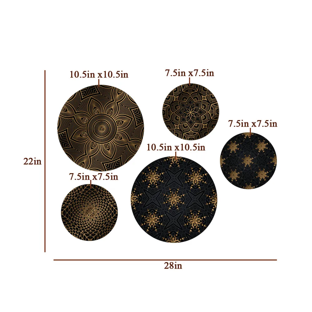 Decorative Wall Plates In Black Golden Abstract Floral Design Set Of 5