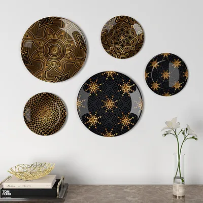 Decorative Wall Plates In Black Golden Abstract Floral Design Set Of 5