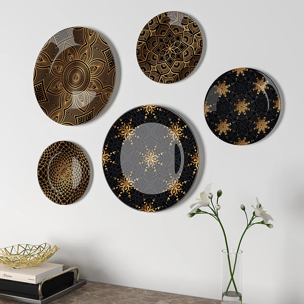 Decorative Wall Plates In Black Golden Abstract Floral Design Set Of 5