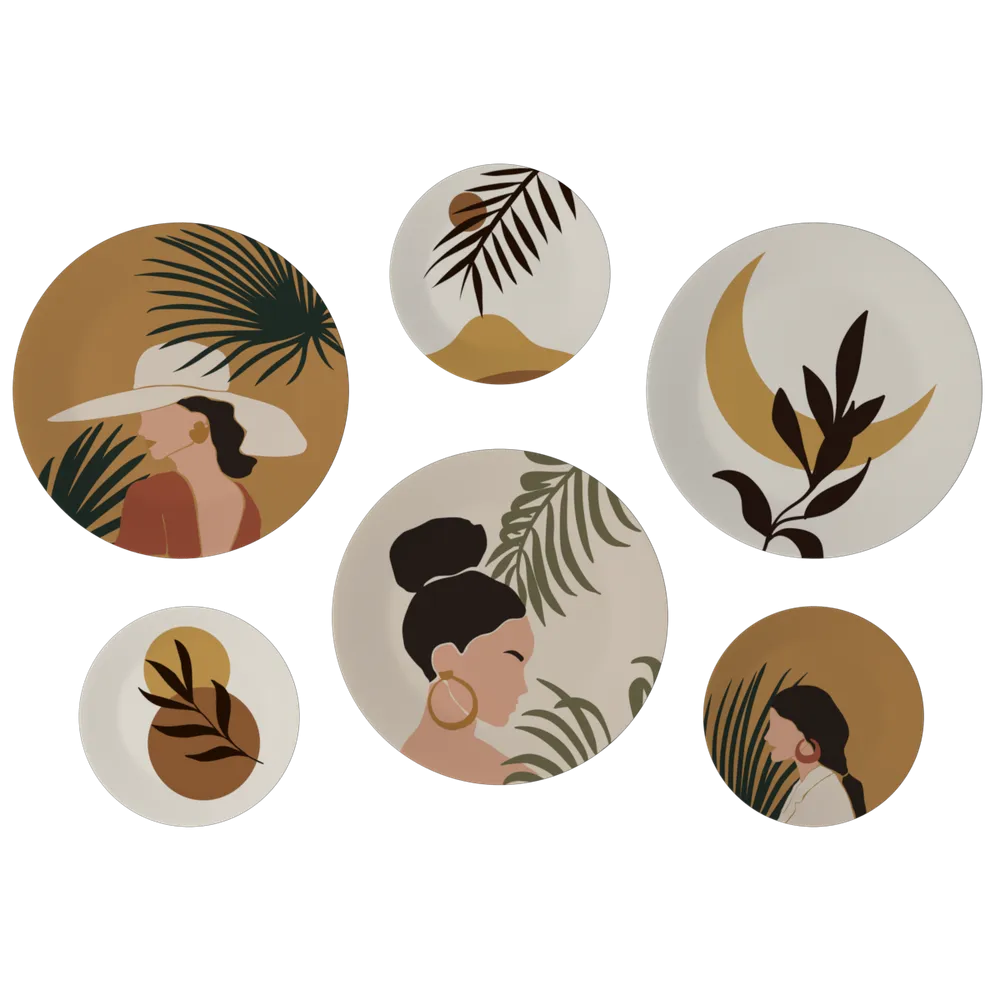 Decorative Wall Plates In Boho Chic Ladies Design Set Of 6