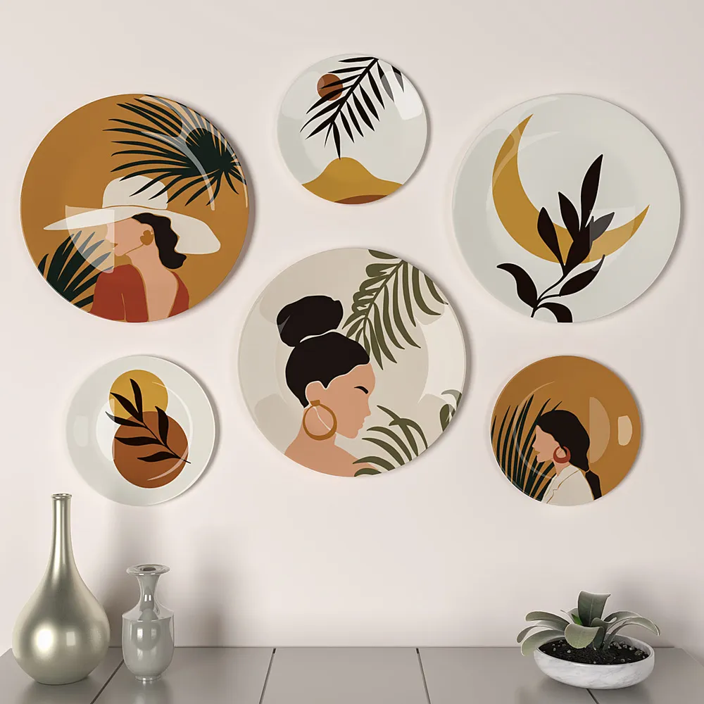Decorative Wall Plates In Boho Chic Ladies Design Set Of 6