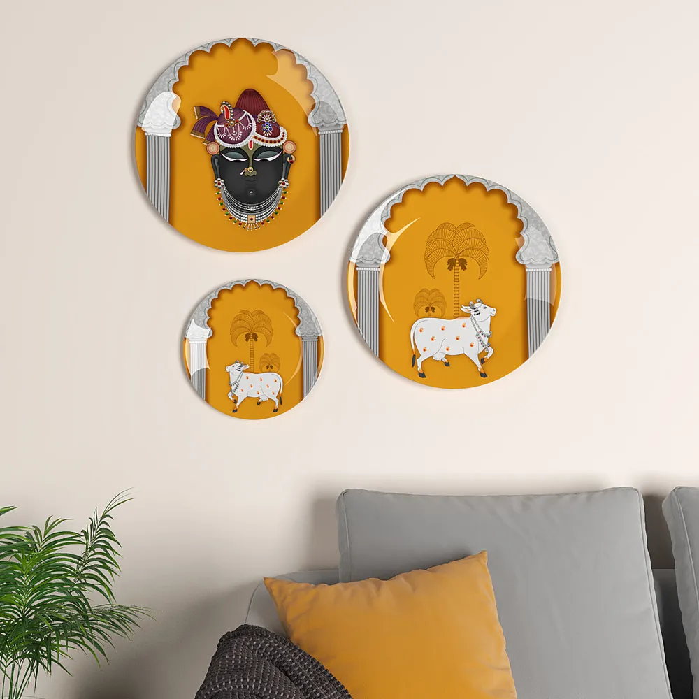 Decorative Wall Plates In Krishna &amp; Kamdhenu Picchwai Design Set Of 3