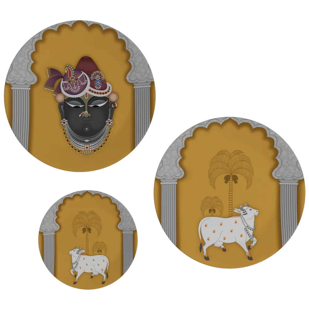 Decorative Wall Plates In Krishna &amp; Kamdhenu Picchwai Design Set Of 3