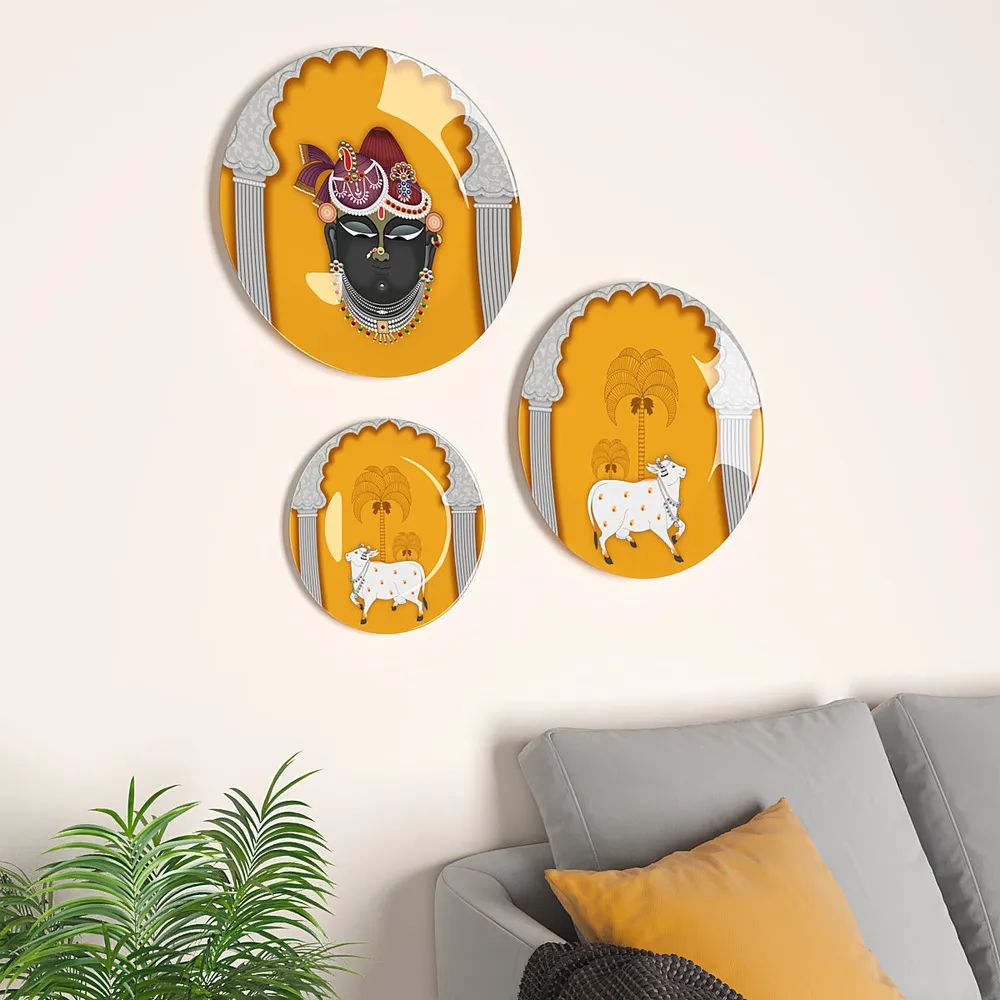 Decorative Wall Plates In Krishna &amp; Kamdhenu Picchwai Design Set Of 3