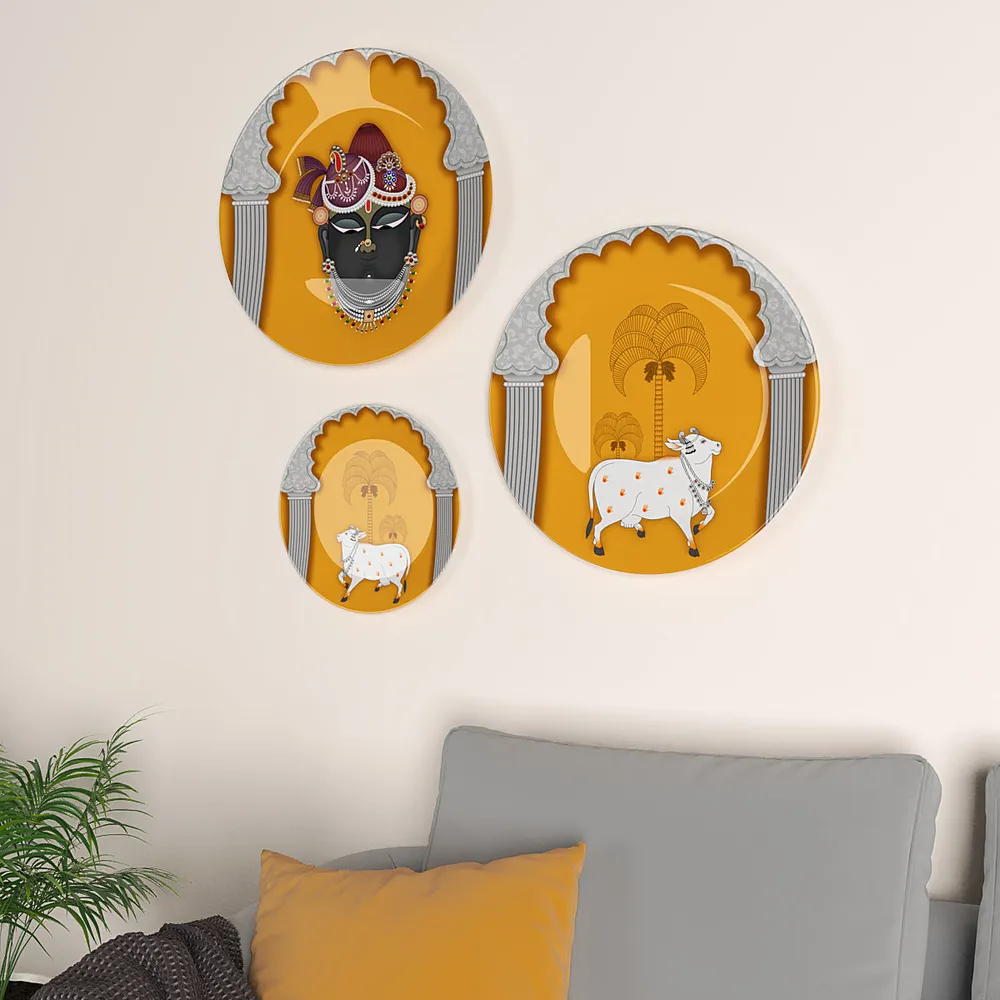 Decorative Wall Plates In Krishna &amp; Kamdhenu Picchwai Design Set Of 3