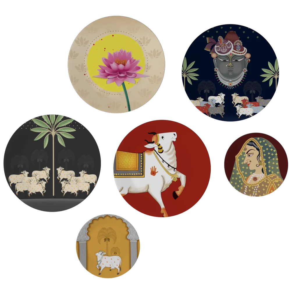 Decorative Wall Plates In Radha Krishna Artistic Pichhwai Design Set Of 6
