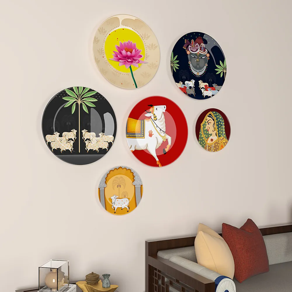 Decorative Wall Plates In Radha Krishna Artistic Pichhwai Design Set Of 6