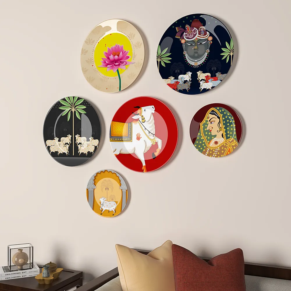 Decorative Wall Plates In Radha Krishna Artistic Pichhwai Design Set Of 6