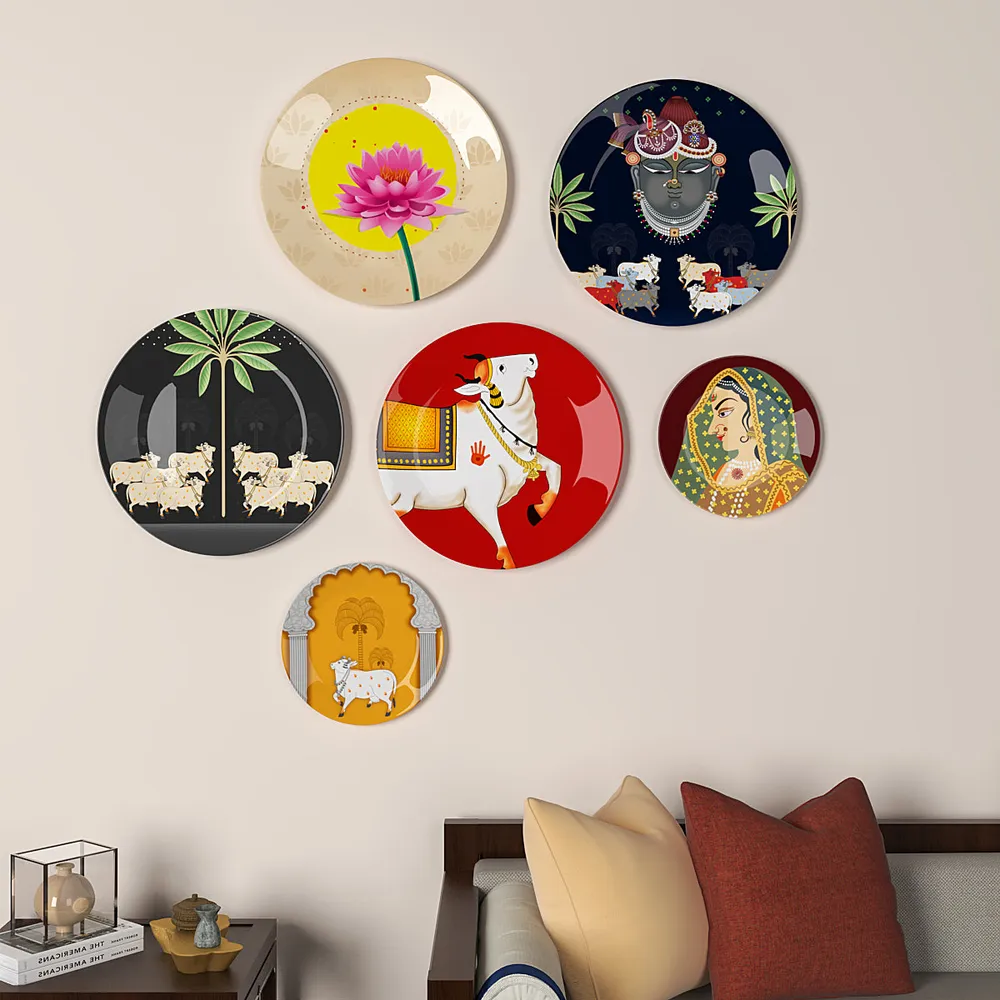 Decorative Wall Plates In Radha Krishna Artistic Pichhwai Design Set Of 6