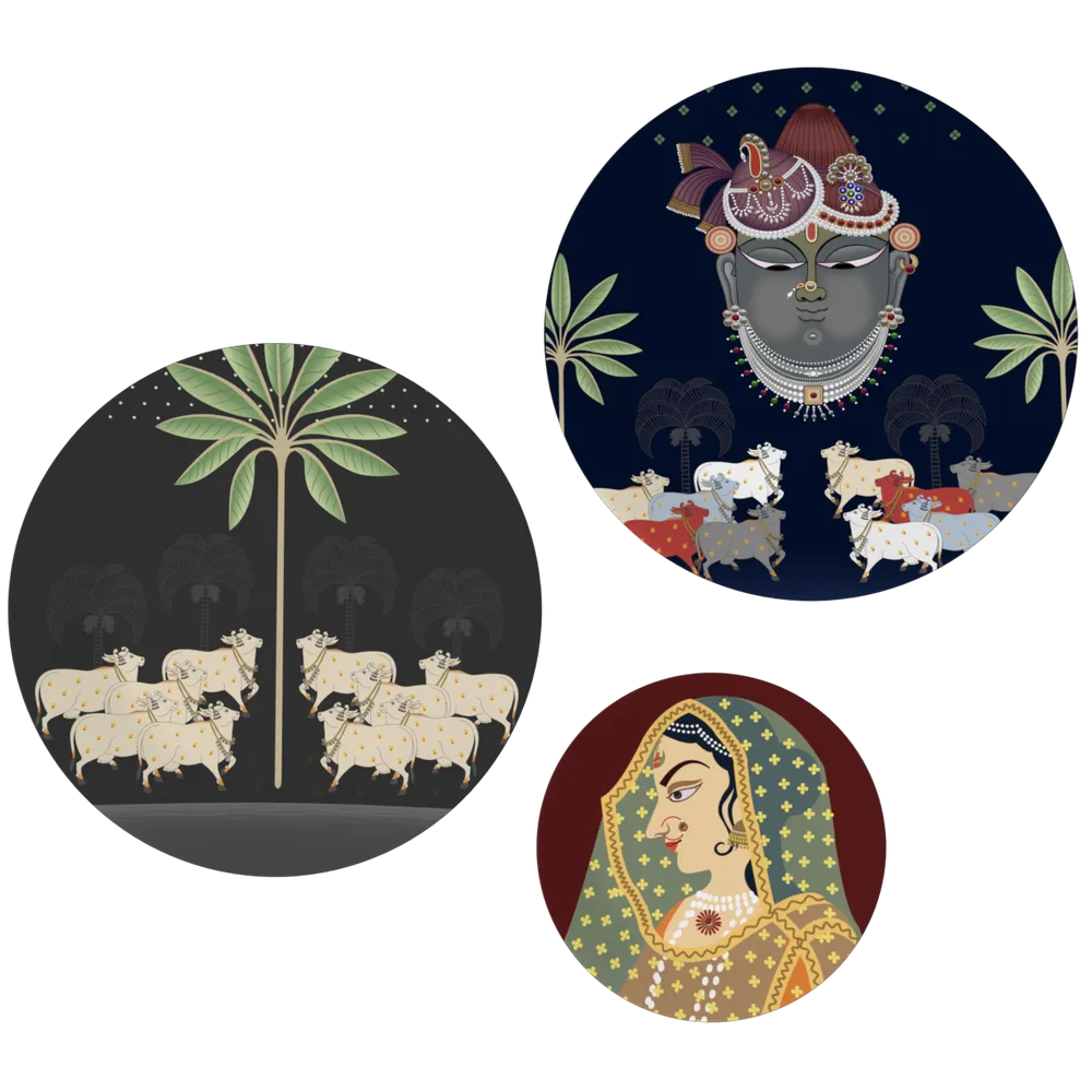 Decorative Wall Plates In Radha Krishna Pichhwai Design Set Of 3