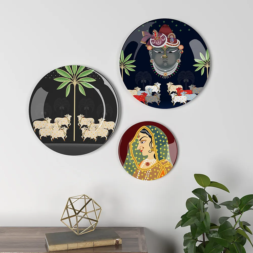 Decorative Wall Plates In Radha Krishna Pichhwai Design Set Of 3