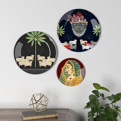 Decorative Wall Plates In Radha Krishna Pichhwai Design Set Of 3