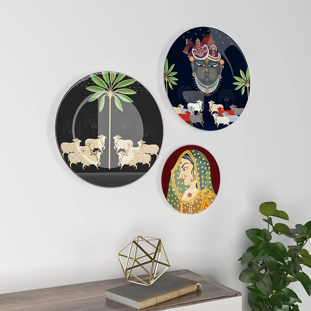 Decorative Wall Plates In Radha Krishna Pichhwai Design Set Of 3