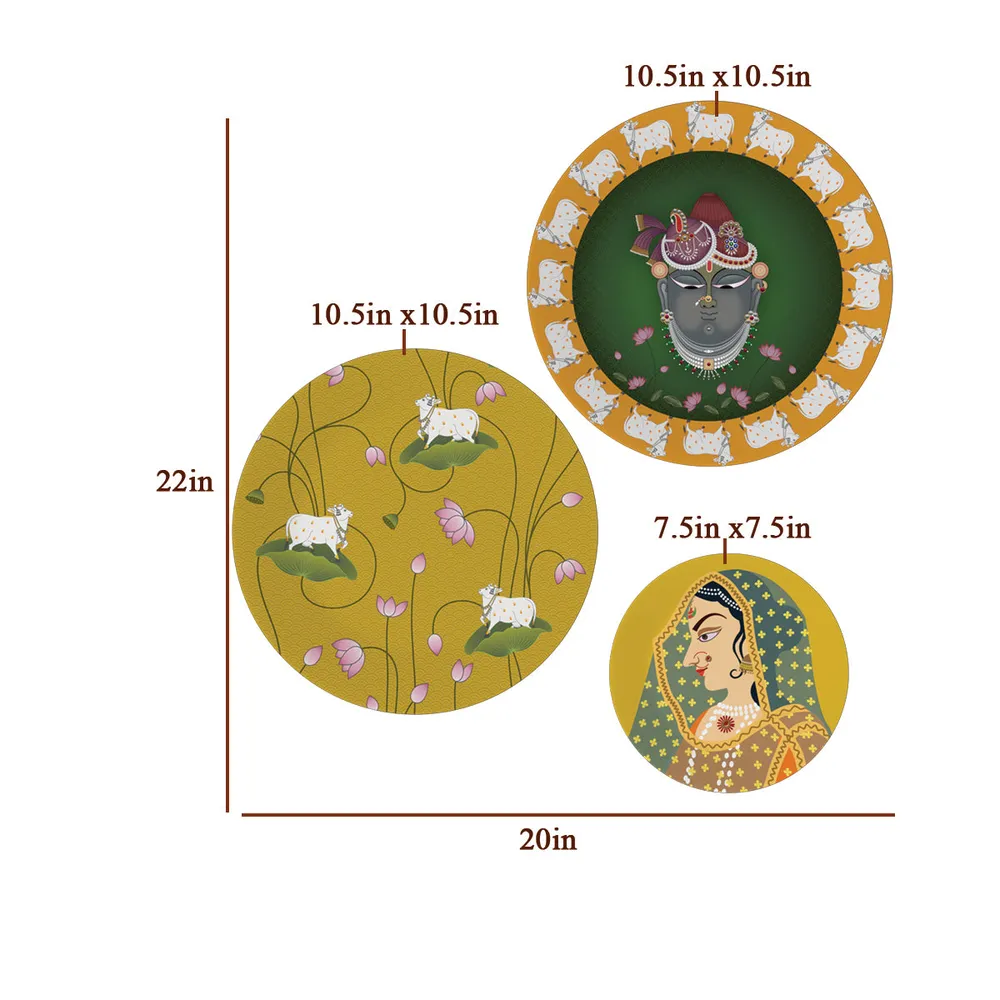 Decorative Wall Plates In Radha Krishna Yellow &amp; Green Pichhwai Design Set Of 3