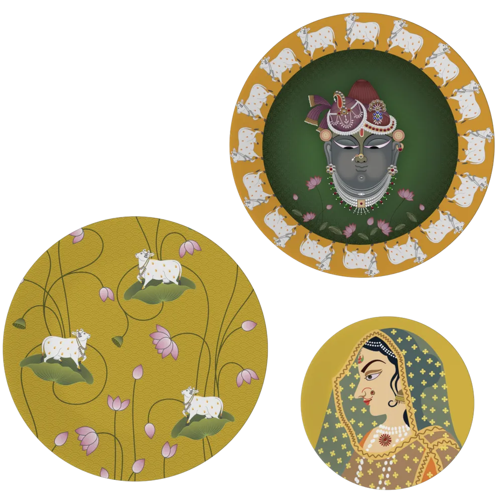 Decorative Wall Plates In Radha Krishna Yellow &amp; Green Pichhwai Design Set Of 3