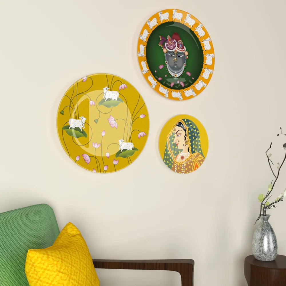 Decorative Wall Plates In Radha Krishna Yellow &amp; Green Pichhwai Design Set Of 3