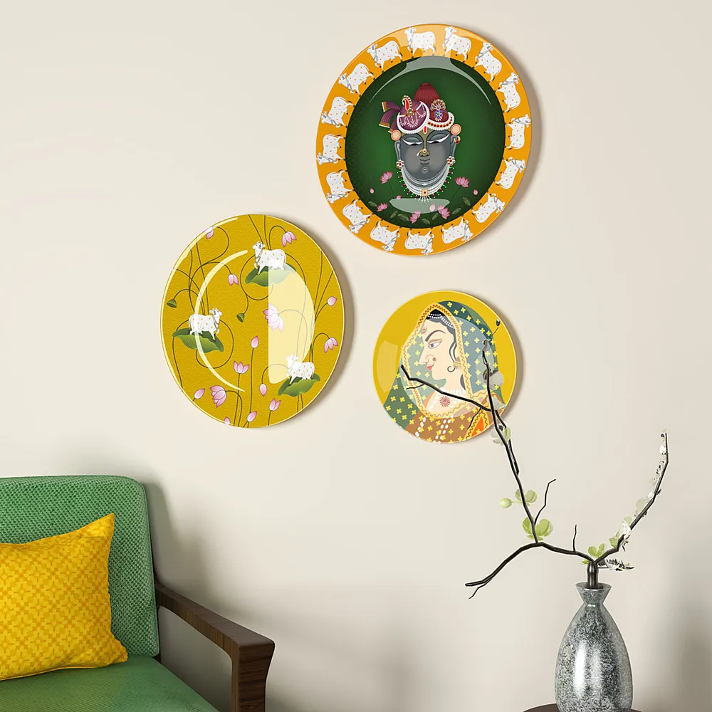 Decorative Wall Plates In Radha Krishna Yellow &amp; Green Pichhwai Design Set Of 3