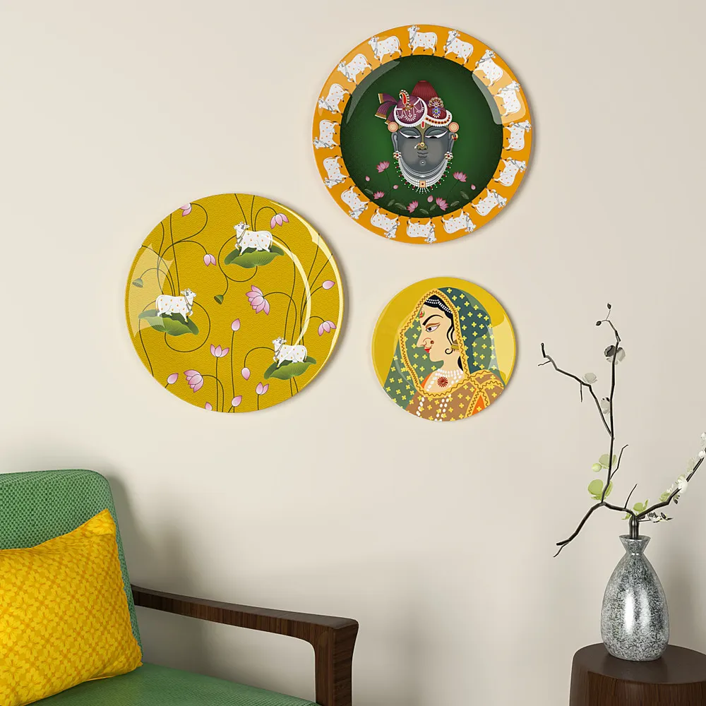 Decorative Wall Plates In Radha Krishna Yellow &amp; Green Pichhwai Design Set Of 3