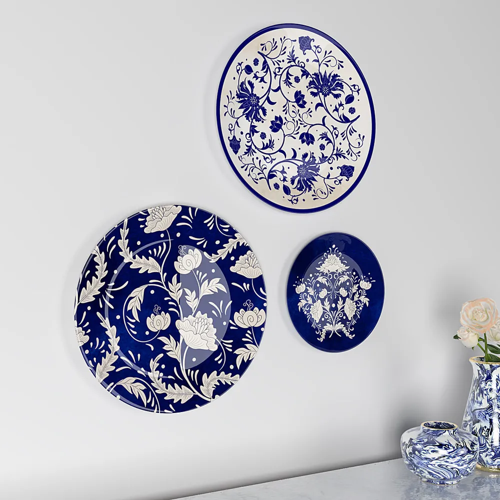 Decorative Wall Plates In Rajasthani Blue Pottery Handcrafted Design Set Of 3