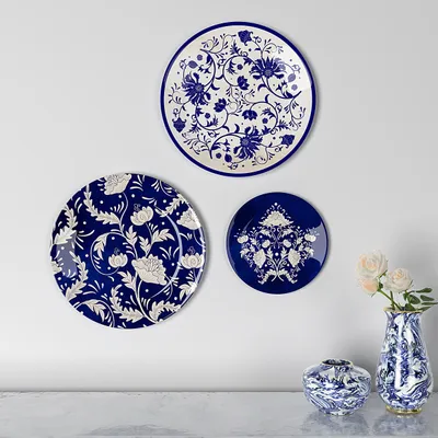 Decorative Wall Plates In Rajasthani Blue Pottery Handcrafted Design Set Of 3