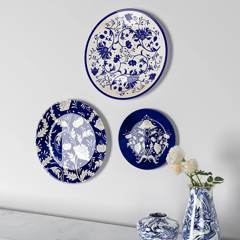 Decorative Wall Plates In Rajasthani Blue Pottery Handcrafted Design Set Of 3
