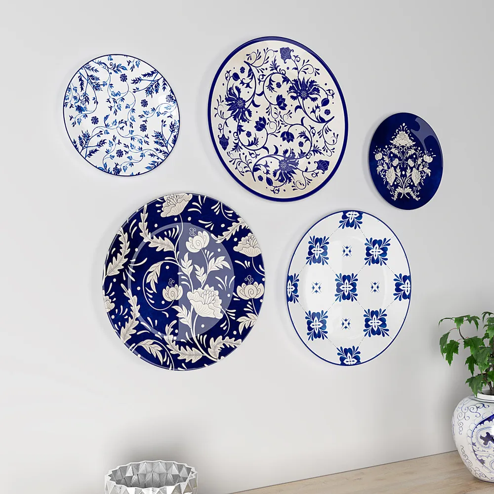 Decorative Wall Plates In Rajasthani Blue Pottery Handcrafted Design Set Of 5