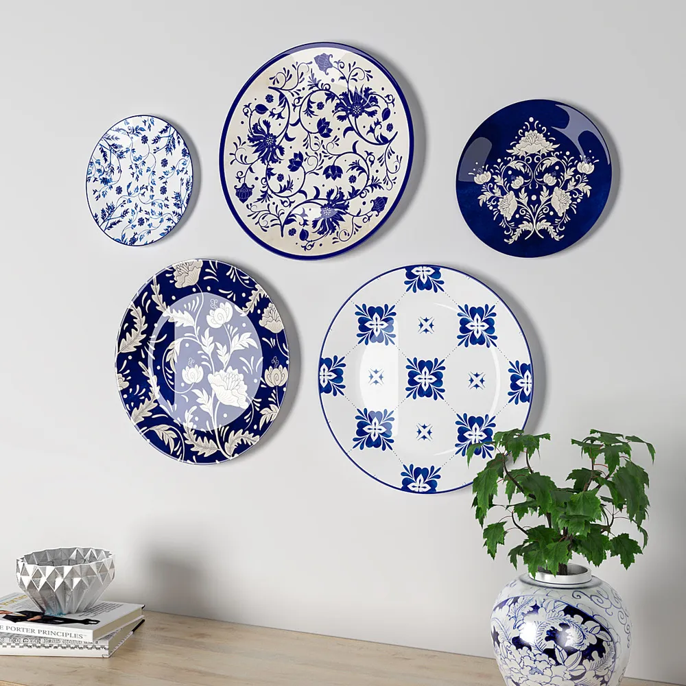 Decorative Wall Plates In Rajasthani Blue Pottery Handcrafted Design Set Of 5