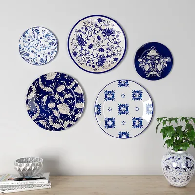 Decorative Wall Plates In Rajasthani Blue Pottery Handcrafted Design Set Of 5