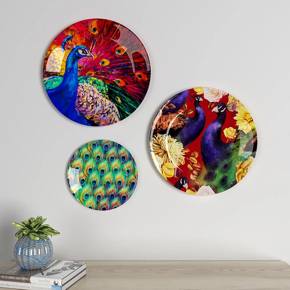 Decorative Wall Plates In Vibrant Peacock Design Set Of 3