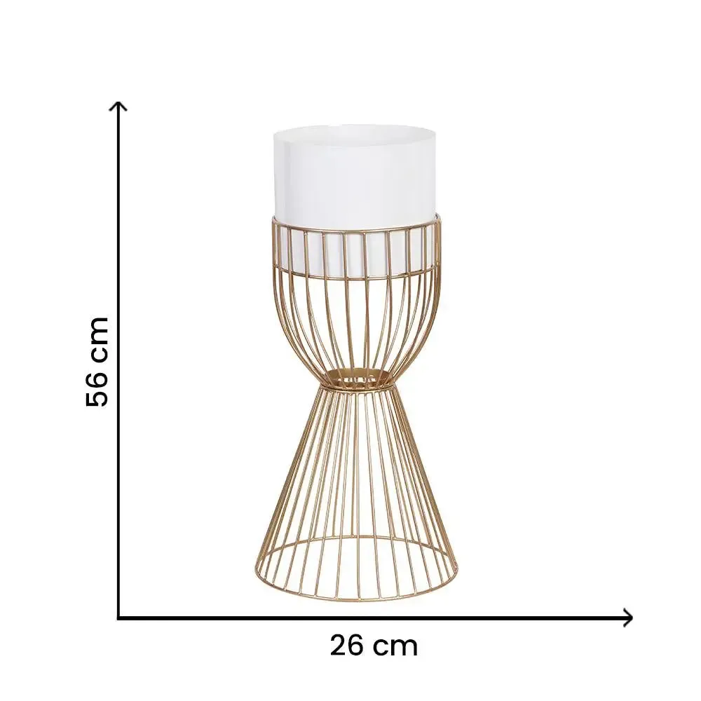 Decorative White Pot with Double Layer Metallic Gold Planter Stand