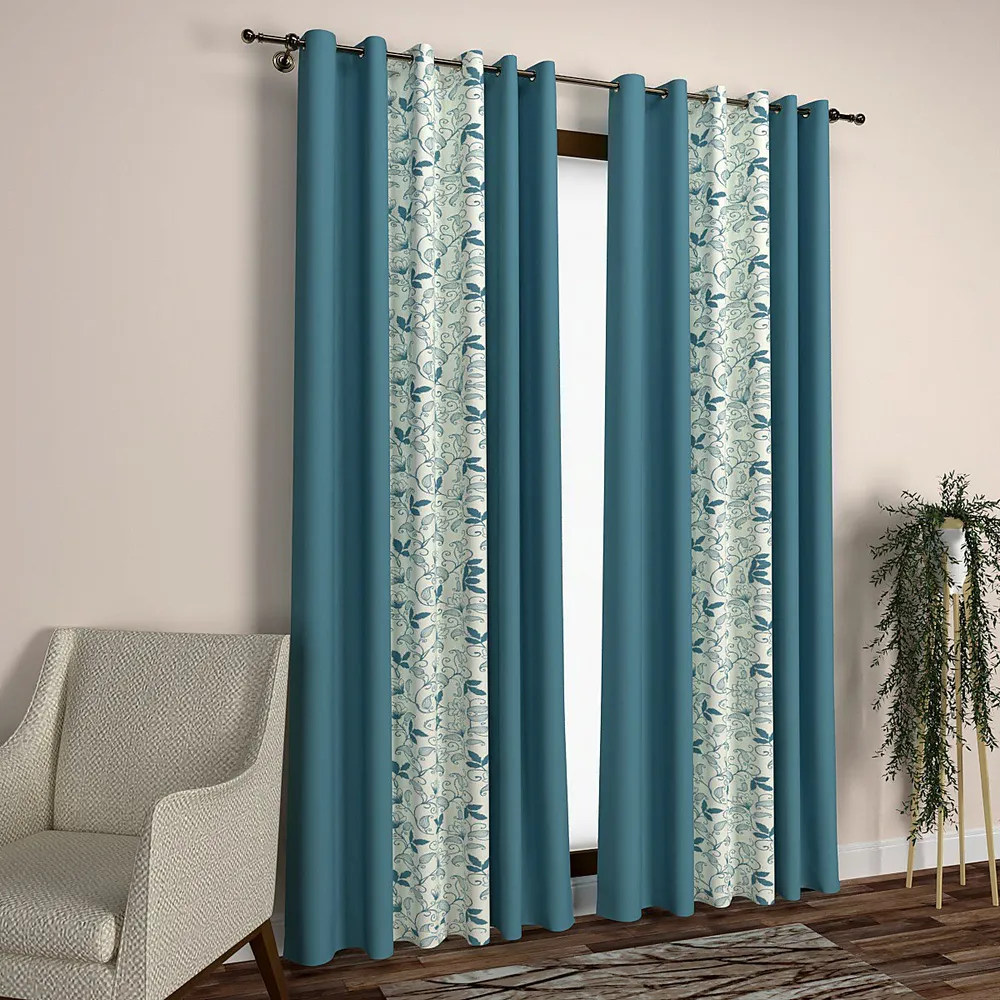 Deep Sea Green Floral Designer Layered Window Curtain