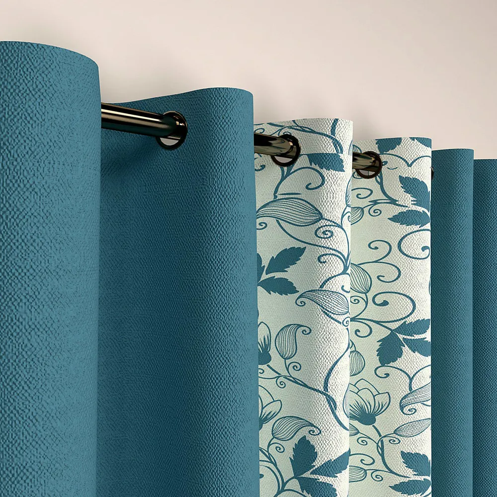 Deep Sea Green Floral Designer Layered Window Curtain