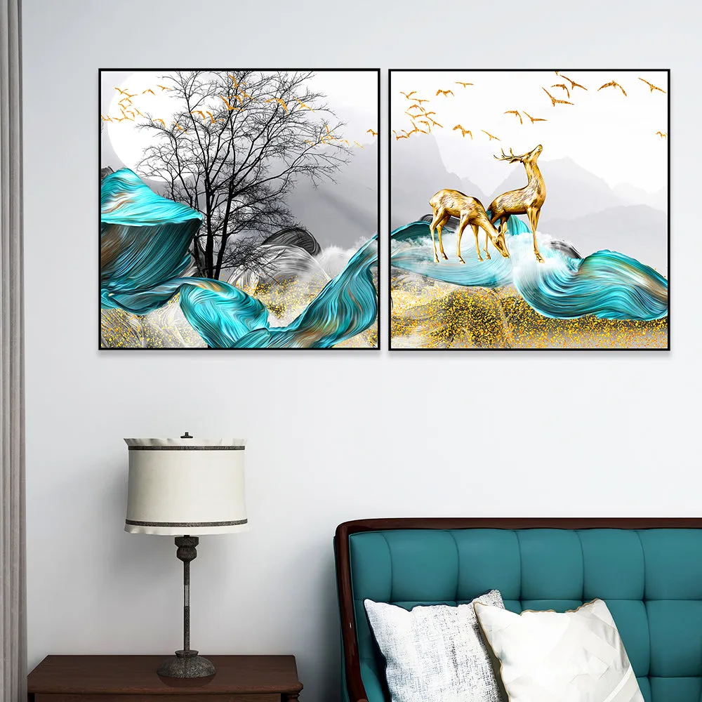 Deer Forest Blue &amp; Golden Canvas Art Wall Frame Set of 2