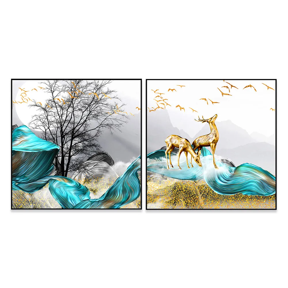 Deer Forest Blue &amp; Golden Canvas Art Wall Frame Set of 2