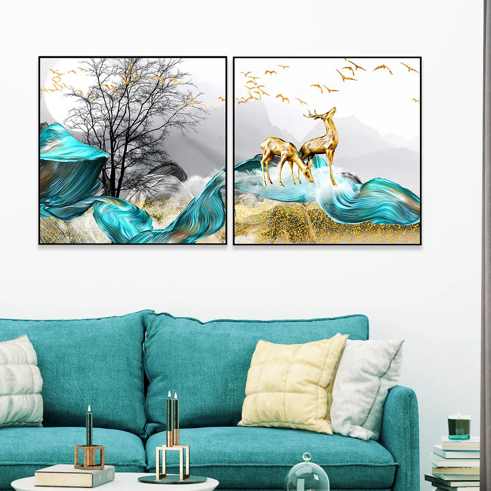 Deer Forest Blue &amp; Golden Canvas Art Wall Frame Set of 2