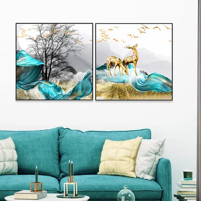 Deer Forest Blue &amp; Golden Canvas Art Wall Frame Set of 2