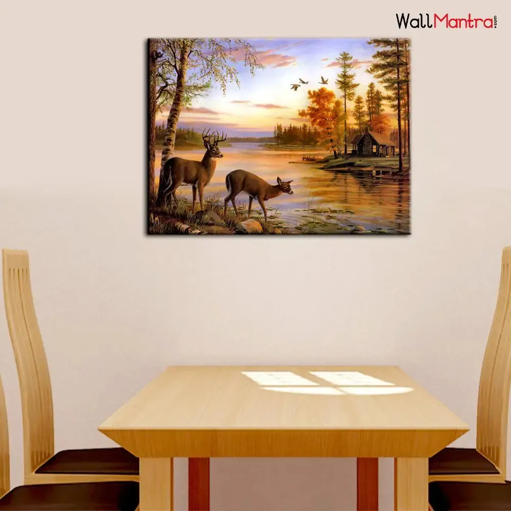 Deer Forest River Scenery Canvas  Big Panoramic Wall Painting 48x36 inch Canvas Print Only