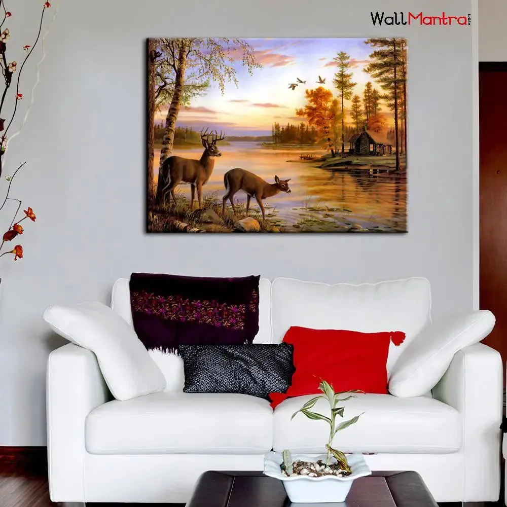 Deer Forest River Scenery Canvas  Big Panoramic Wall Painting 48x36 inch Canvas Print Only