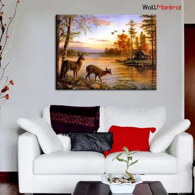Deer Forest River Scenery Canvas  Big Panoramic Wall Painting 48x36 inch Canvas Print Only