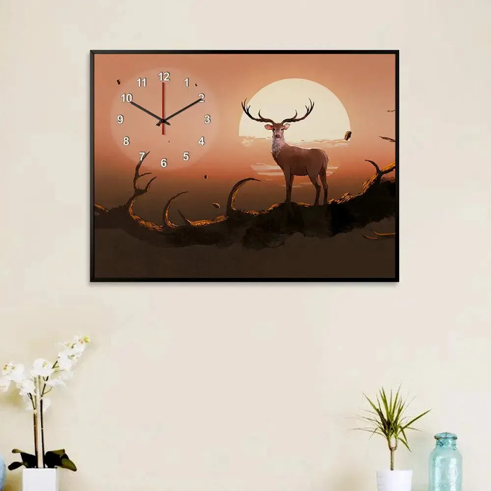 Deer On A Tree At Sunset Canvas Printed Decorative Wall Clock With Floating Frame