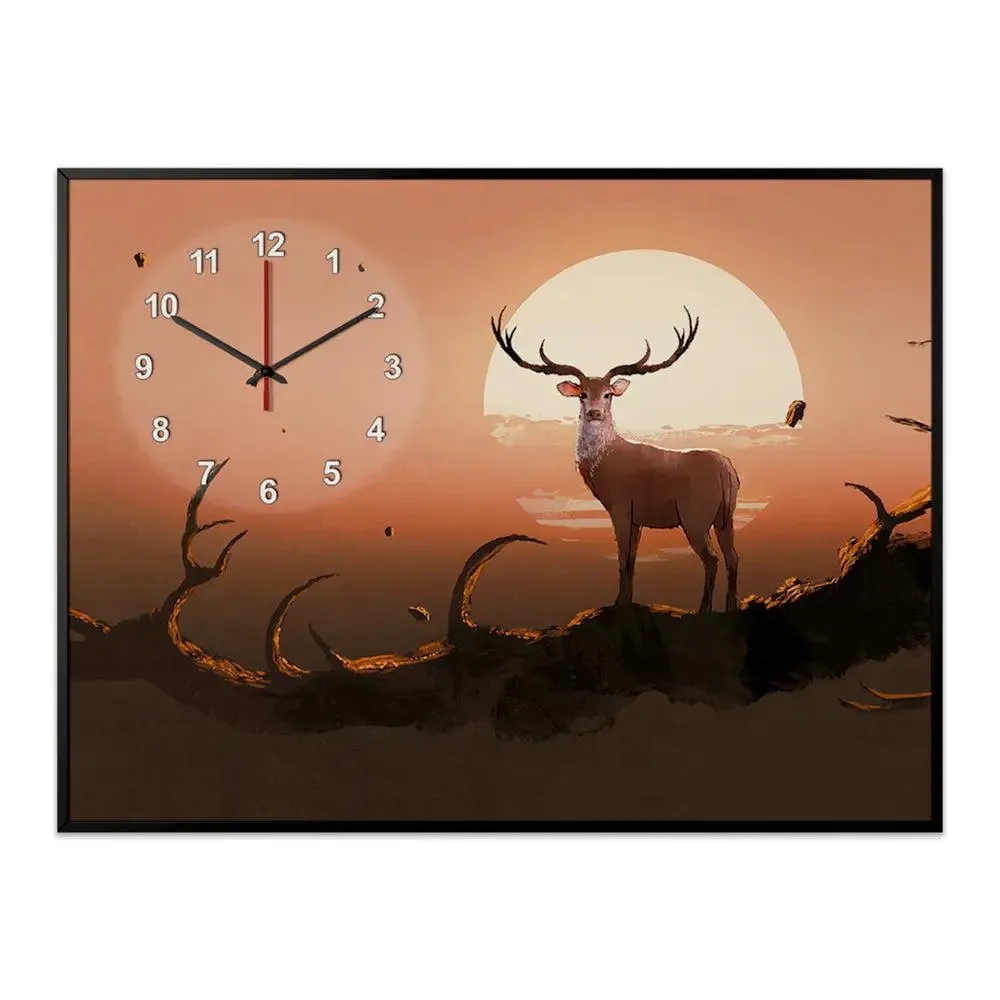 Deer On A Tree At Sunset Canvas Printed Decorative Wall Clock With Floating Frame