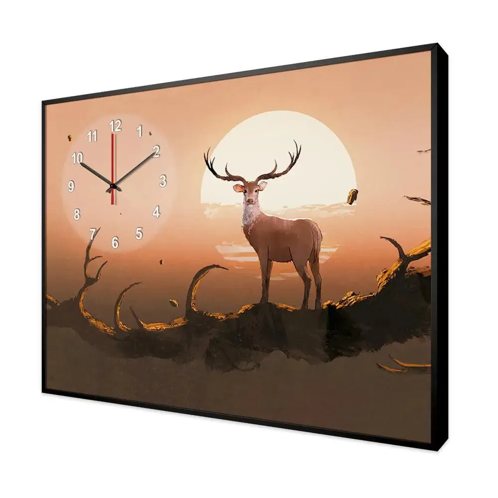 Deer On A Tree At Sunset Canvas Printed Decorative Wall Clock With Floating Frame