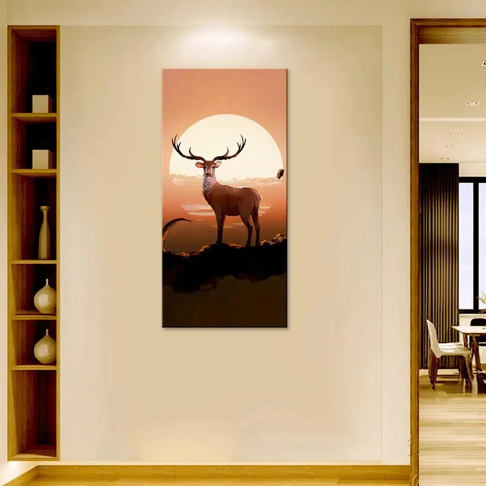 Deer On Tree At Sunset Canvas Printed Wall Painting With Frame