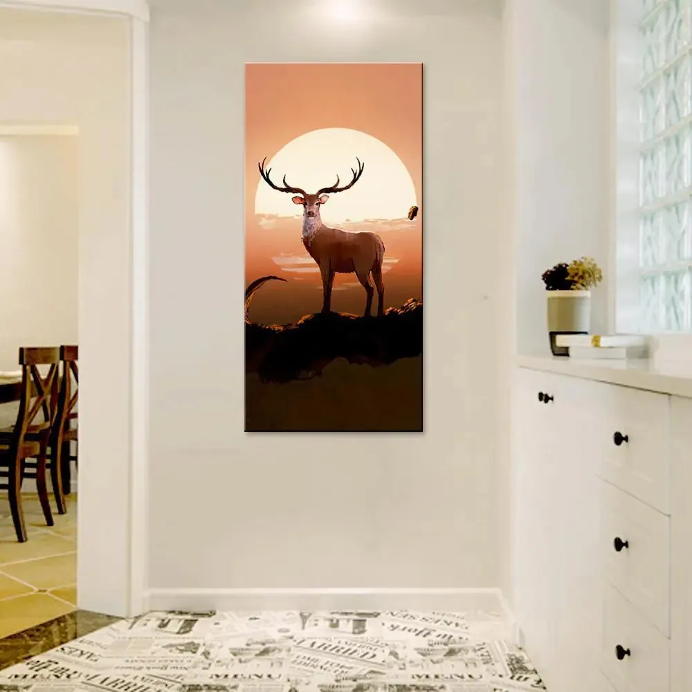 Deer On Tree At Sunset Canvas Printed Wall Painting With Frame