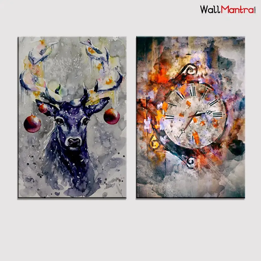 Deer Or Clock Modern Art Wooden Framed 2 Pieces Canvas Printed Painting