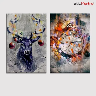 Deer Or Clock Modern Art Wooden Framed 2 Pieces Canvas Printed Painting