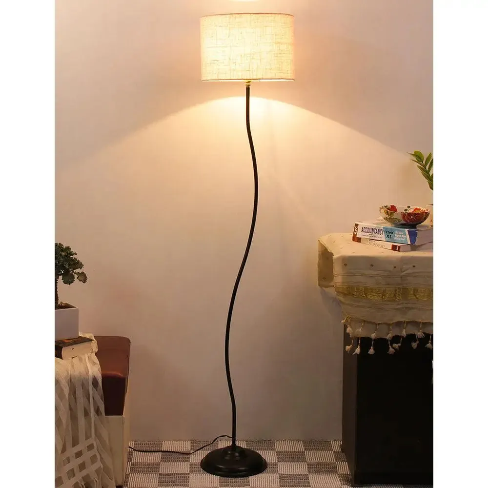 Deigner Wavy Floor Lamp With Drum Shape Jute Shade Beige