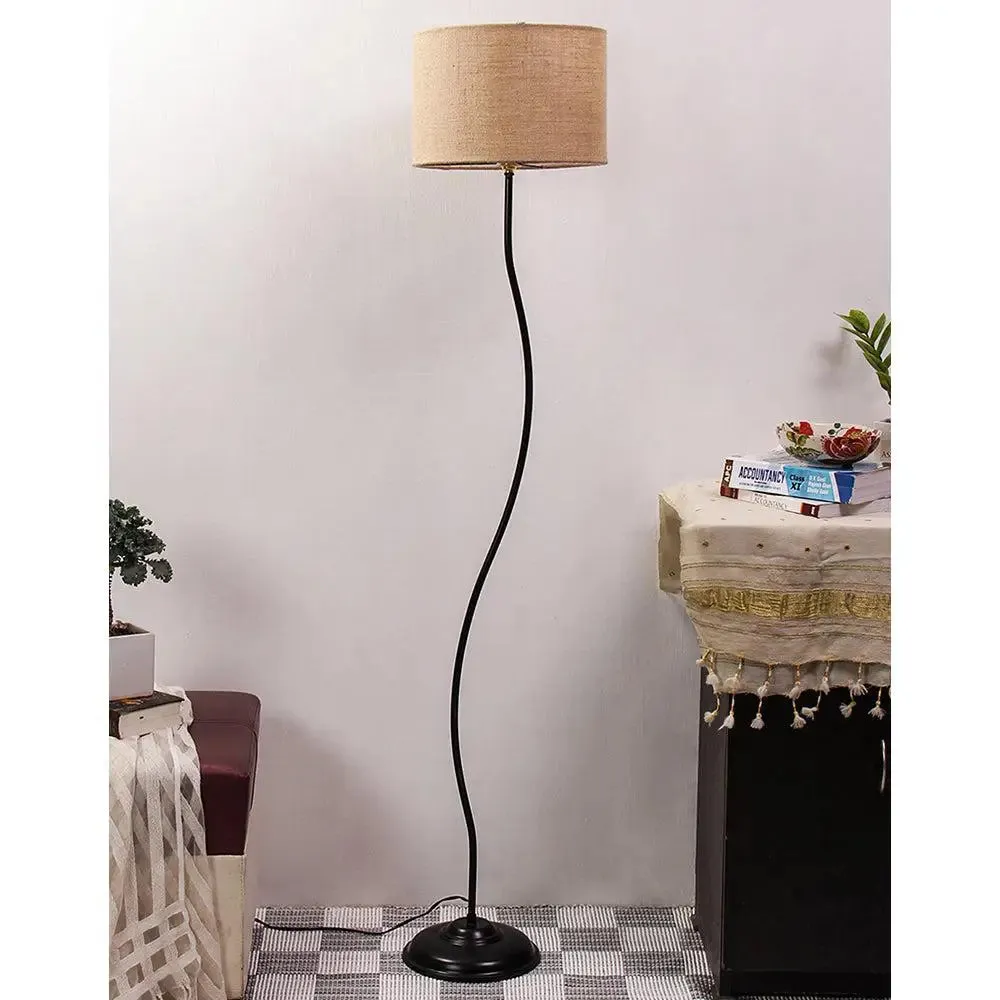 Deigner Wavy Floor Lamp With Drum Shape Jute Shade Beige
