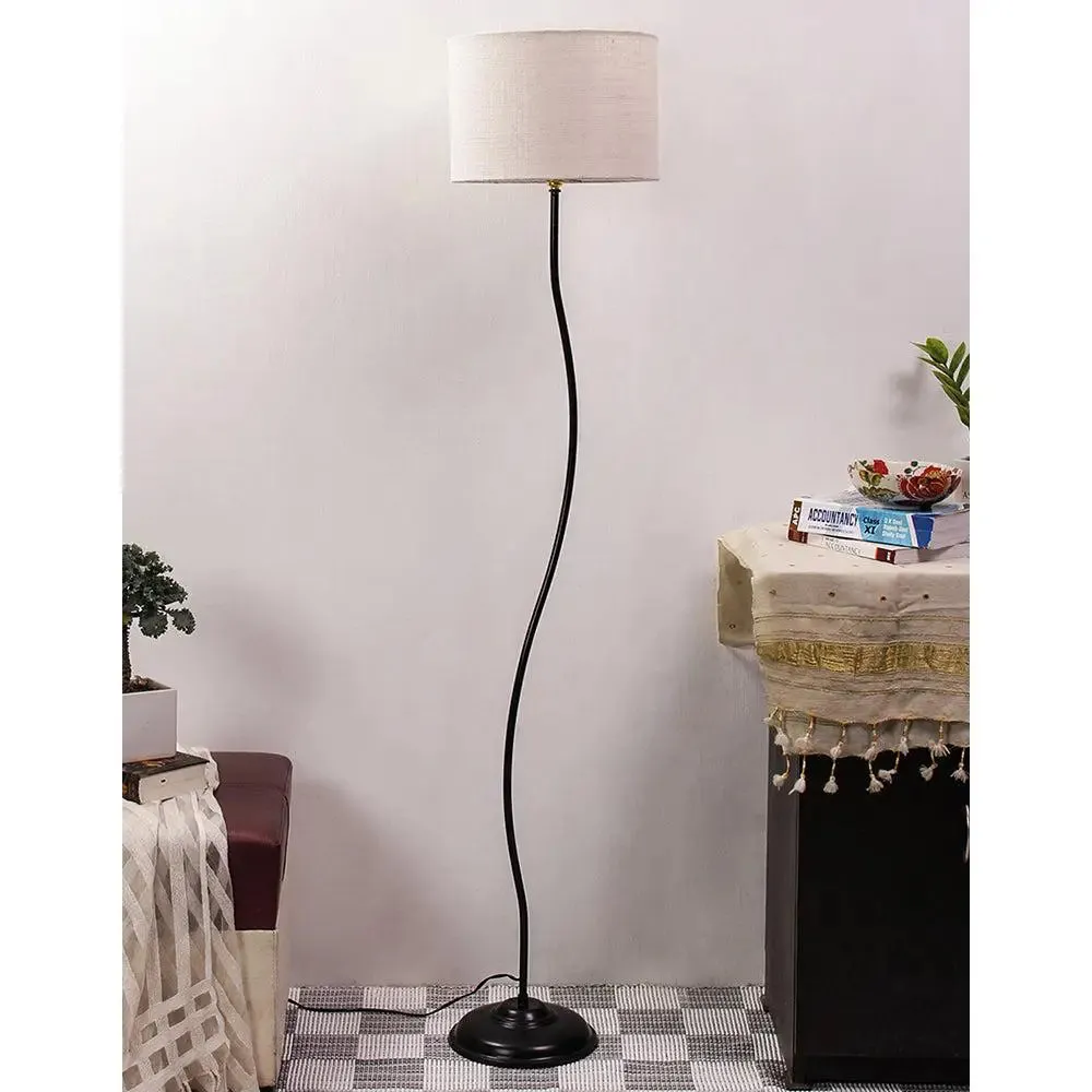 Deigner Wavy Floor Lamp With Drum Shape Jute Shade Beige