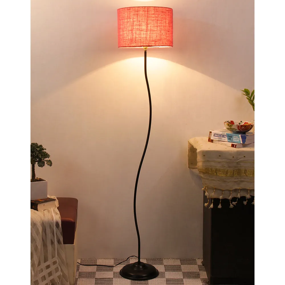 Deigner Wavy Floor Lamp With Drum Shape Jute Shade Pink